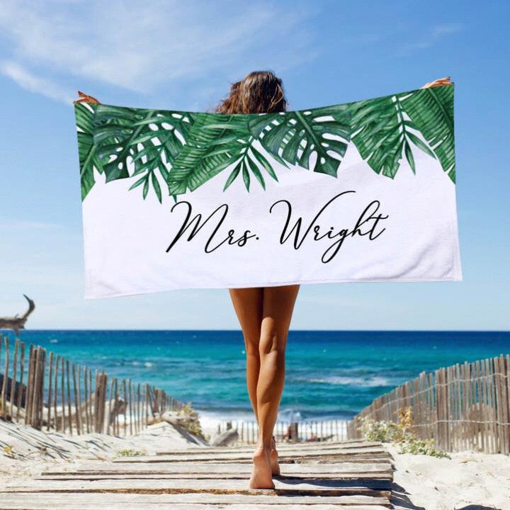 Personalized Wedding Beach Towel | Tropical Palm | Honeymoon , Bride Wedding, Bridal Shower Beach Towel