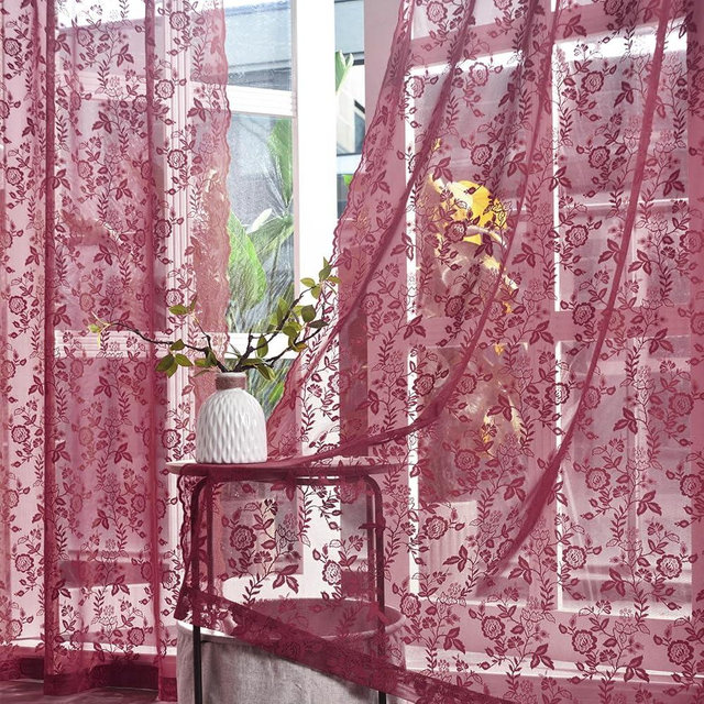 FINECITY Burgundy Sheer Curtains 63 Inch Length - 2 Panels Rustic Leaf Floral Patterned Red Wine Lace Curtains for Bedroom, Rod Pocket Privacy Light Filtering Merlot Sheer Window Drapes, 52 x 63 Inch