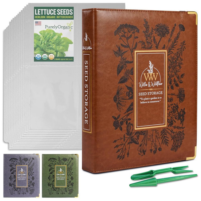 Create-ables Willow and Wildflower Garden Seed Organizer Binder, Seed Storage Organizer, Garden Binder Book for Packet Storage Catalog Can Store 120 Packets with Dibber and Widger (Classic Brown)