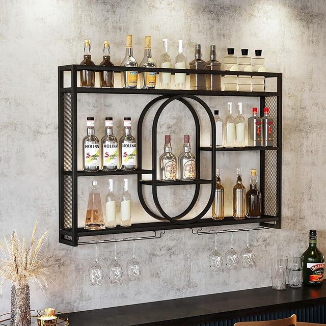 PIKYsailed 39" Upgrade Metal Wall Mounted Wine Rack, 3-Tier Large Capacity Hanging Bar Shelf, Modern Liquor Wall Shelves for Home & Dining, Black