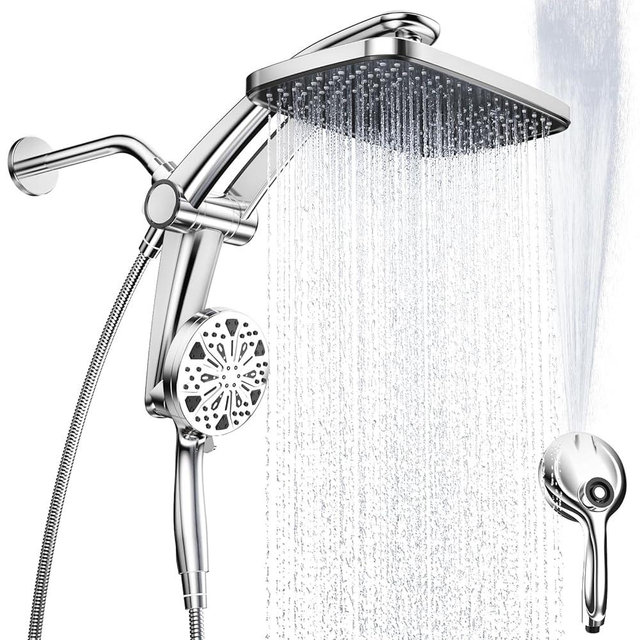 Rain Shower Head with Handheld High Pressure rainfall Shower Heads with Handheld Spray Combo Adjustable one-piece stand daul shower head Built-in Magnetic Docking and Power Jets（Sliver）