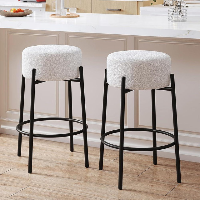 JIRAIN Boucle Backless Counter Stools Set of 2, Modern Bar Stools with Round Seat & Metal Legs, 27’’ Counter Height Chair for Kitchen Island, Home Pub, White