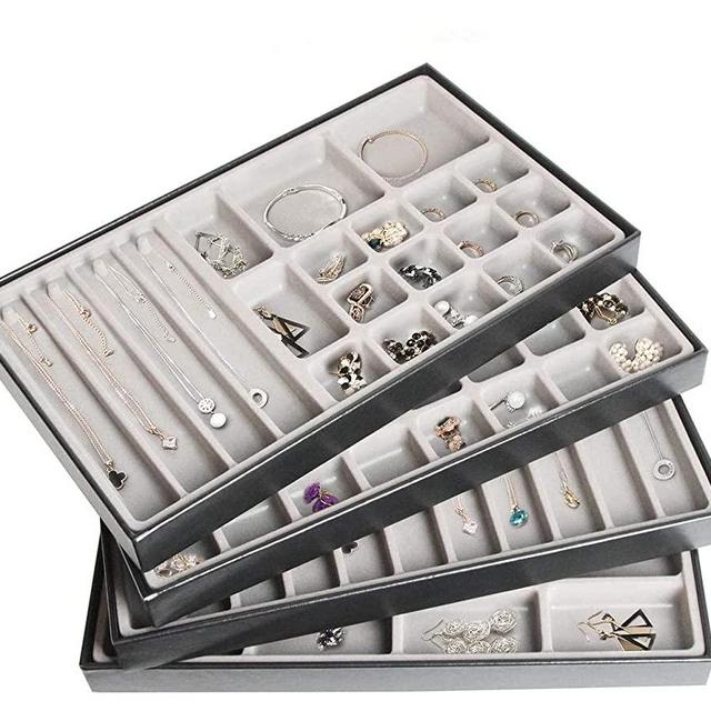 JACKCUBE DESIGN Stackable Synthetic Leather Jewelry Tray Earring Necklace Bracelet Ring Organizer Display Storage Box(Set of 4, Black, 16 x 9.6 x 1.6 inches)- :MK212-3ABCD