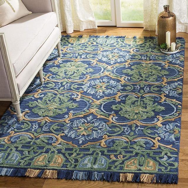 SAFAVIEH Blossom Collection 8' x 10' Navy / Green BLM422A Handmade Fringe Premium Wool Area Rug