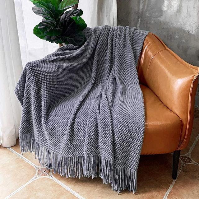 LOMAO Knitted Throw Blanket with Tassels Bubble Textured Lightweight Throws for Couch Cover Home Decor (Dark Grey, 50x60)