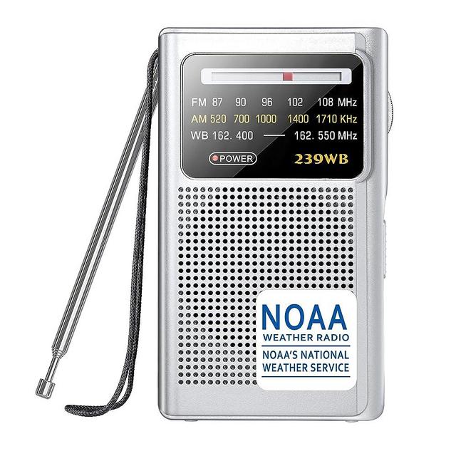 Greadio NOAA Weather Radio, AM/FM Battery Operated Transistor Portable Radio with Best Reception,Stereo Earphone Jack,Powered by 2 AA Battery for Emergency,Hurricane,Running, Walking,Home (Silver)