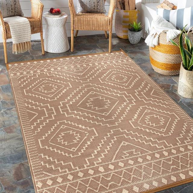 Wonnitar Outdoor Rug 6x9, Waterproof Patios Rug Reversible Plastic Straw Rug, Large Outside Area Rug, Portable Indoor Outdoor Carpet for Picnic Balcony Backyard Porch Deck (Beige & Brown,6'x9')