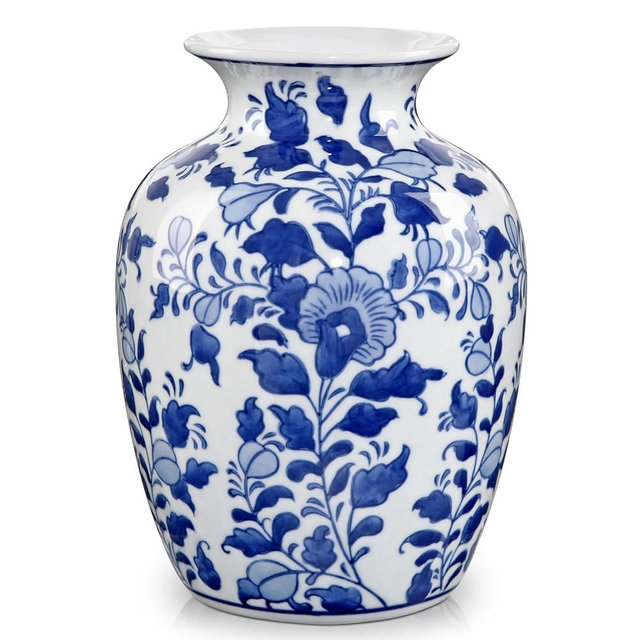 Blue and White Ceramic Vase, 8.4" Tall Chinoiserie Flower Vase Decor with Wide Mouth, Decorative Porcelain Vases for Centerpieces, Table, Shelf & Home Decor, Weddings & Timeless Gifting