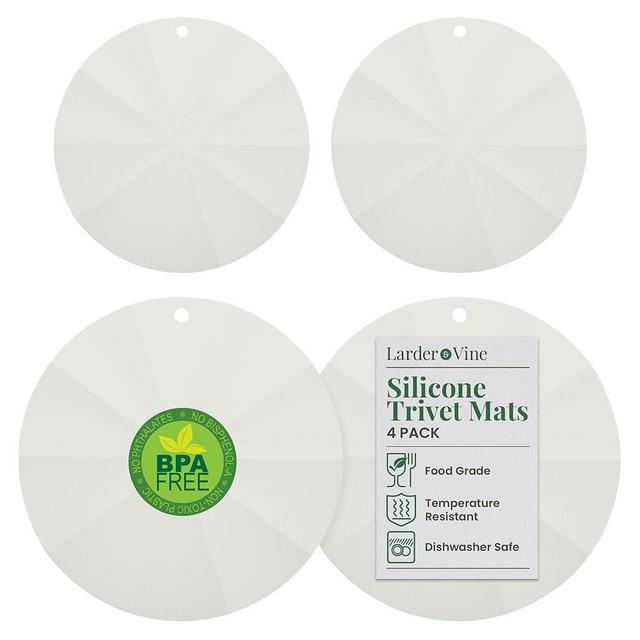 Larder & Vine Silicone Trivets for Hot Pots and Pans | Set of 4 Round Hot Pads for Kitchen | 7” & 9” Trivets for Hot Dishes | Heat-Resistant Silicone Mats for Kitchen Counter | French Gray