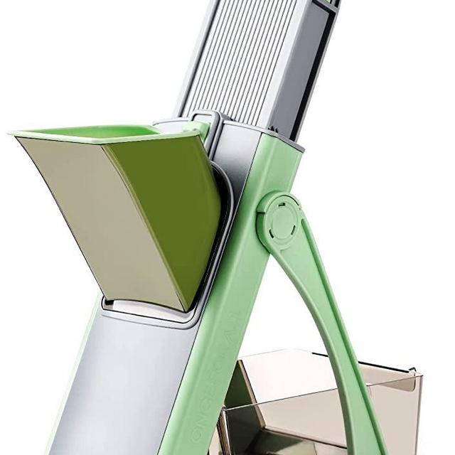 ONCE FOR ALL Safe Mandoline Slicer Upgraded Large Port 5 in 1 Vegetable Chopper, Strips Julienne Dicer Adjustable Thickness for Kitench Fast Meal Prep JS03 Green