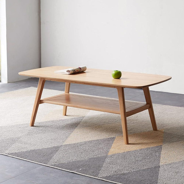 100% Solid Wood Coffee Table Oak Coffee Table with Storage Shelf Mid Century Modern Center Table for Living Room Bedroom, Home Office, Studio, 39.37" Natural