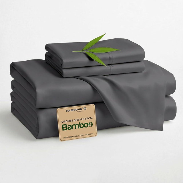 SGI bedding Hotel Quality Luxury Queen Sheet Set 4 Piece – 100% Organically Grown Bamboo Viscose, Ultra Soft, Cooling & Moisture-Wicking, 18-Inch Deep Pocket, Premium Dark Grey Sheets