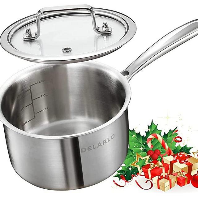 Stainless Steel Small Saucepan With Lid, Induction Cooking Sauce Pot Sauce Pans, 18/8 Tri-Ply Stainless Steel Heavy Bottom Saucier Pot Cookware, Dishwasher Safe & Oven Safe(2 Quart)