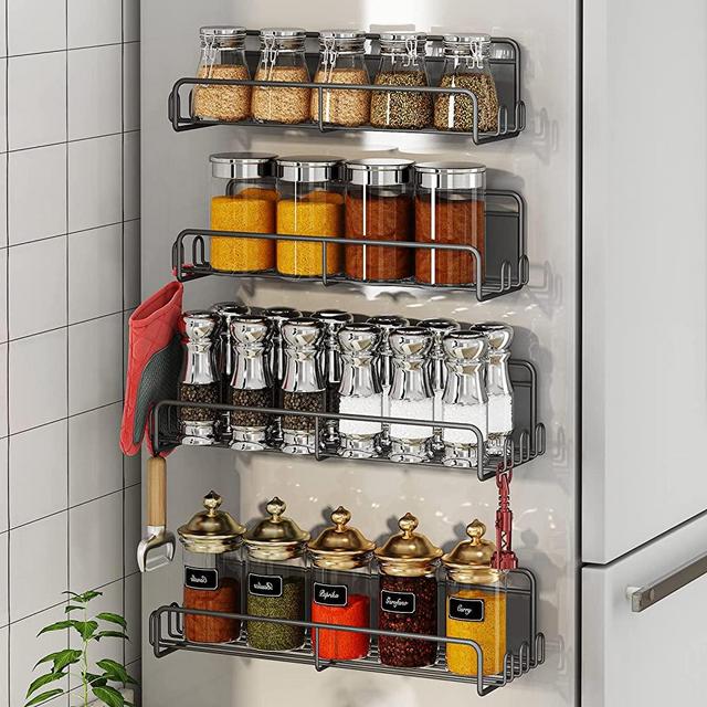 coobest Magnetic Spice Rack for Refrigerator, 4 Pack Magnetic Spice Rack Organizer with Super Strong Magnetic, Magnetic Shelf Metal Kitchen Organization Spice and Seasoning Organizer, Black