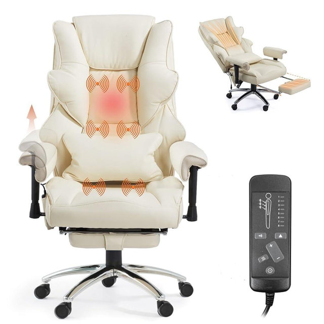 Mvpipi Massage Office Chair with Foot Rest, Ergonomic Executive Heated Office Chair with Reclining Backrest, Adjustable Arms and Lumbar Support, High Back Leather Desk Chairs for Home Office, Beige