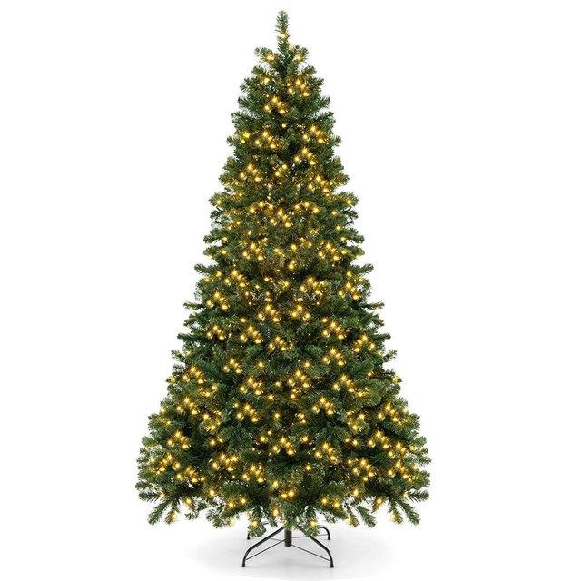 Goplus 6ft Pre-Lit Christmas Tree, Artificial Hinged Xmas Tree with 821 Branch Tips, 560 Warm White LED Lights, Foldable Metal Stand, Festival Decoration Tree for Home Office