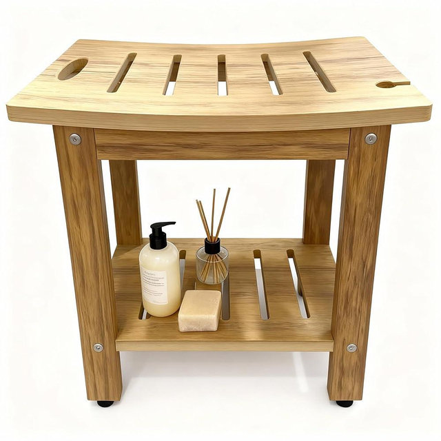 RICNOD HDPE Shower Bench Seat, Shower Benches for Inside Shower, Bath Spa Shower Foot Stool for Shaving Legs, with Storage Shelf Shower & Head Holder, (Teak) 18.5" D x 12.2" W x 17" H