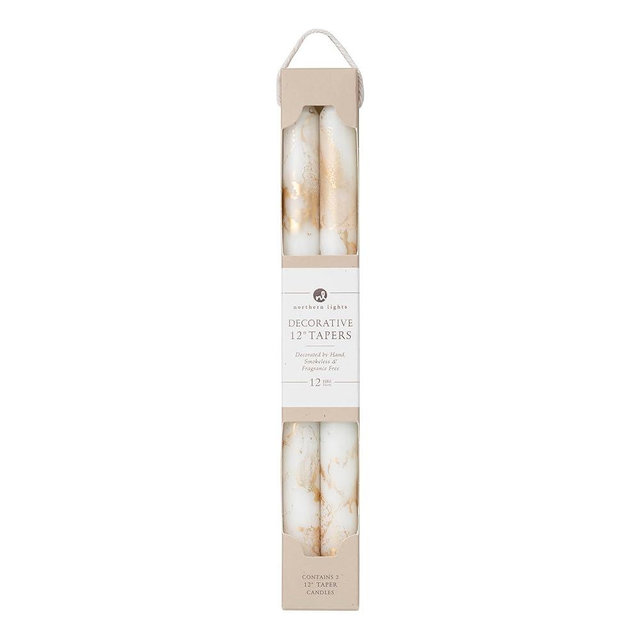 Premium Decorative Tapers - 12" 2PK - Pure White w/Gold - 73307