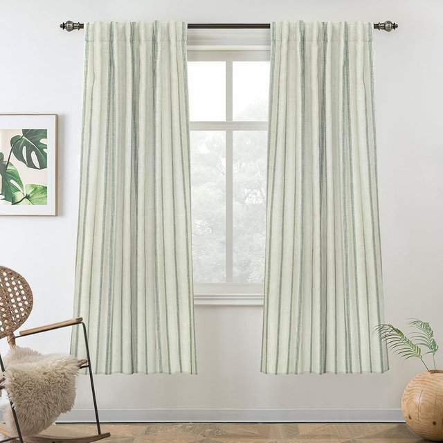 DriftAway Farmhouse Linen Blend Blackout Curtains 63 Inches Long for Bedroom Vertical Striped Printed Linen Curtains Thermal Insulated Lined Treatments for Living Room Pair W52 x L63 Linen Loden Green