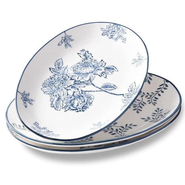 Magclay Ceramic Serving Platters, 12 Inch Large Serving Trays, Oval Plates for Dessert Appetizers Meat/Entertaining/Party, Blue and White, Set of 3