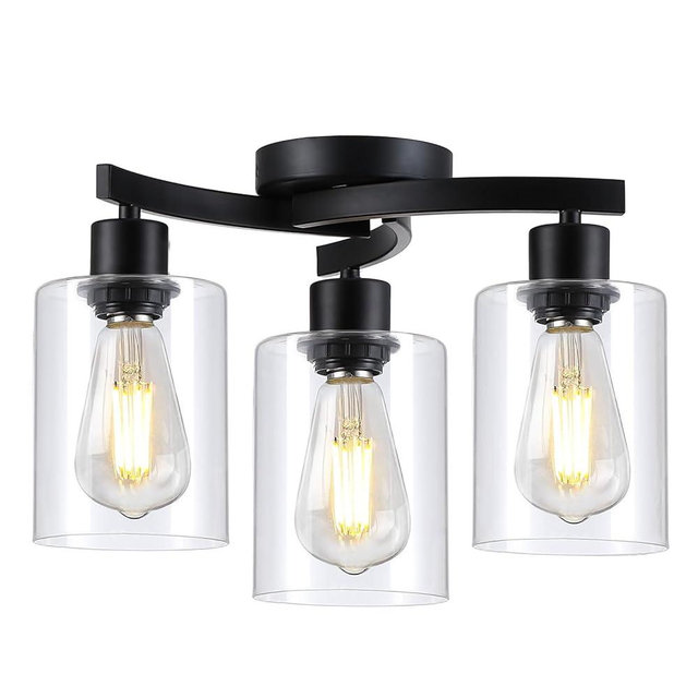 3WWWUEE 3-Light Semi Flush Mount Ceiling Light, Modern Close to Ceiling Light Fixtures with Clear Glass Shades, Black Light Fixture for Kitchen, Dining Room, Hallway, Entryway, Foyer