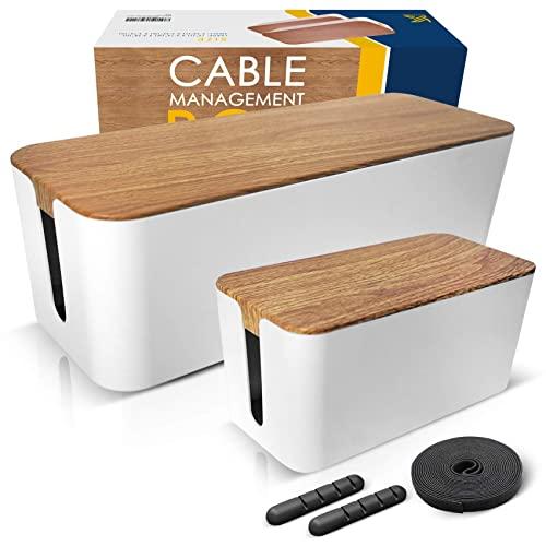 2 Pack Large Cable Management Box – Wooden Style Cord Organizer Box and Cover for TV Wires, Computer, Router, USB Hub and Under Desk Power Strip – Safe ABS Material and Baby-Pets Proof Lock