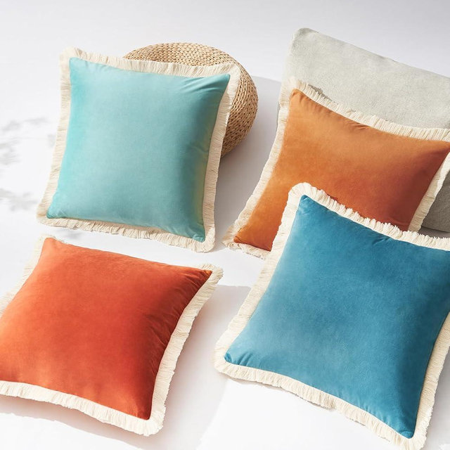 MONDAY MOOSE Decorative Throw Pillow Covers, Set of 4 Soft Velvet Modern Fringe Tassel Designs, Mix and Match for Home Decor, Pillow Inserts Not Included (18x18 inch, Orange/Teal Blue)