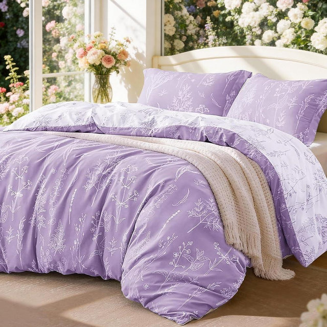 Love's cabin Lavender Comforter Set Queen - Queen Size Comforter Set, 3 Pieces Cute Floral Bedding Sets for All Seasons,1 Soft Reversible Botanical Flowers Comforter and 2 Pillow Shams