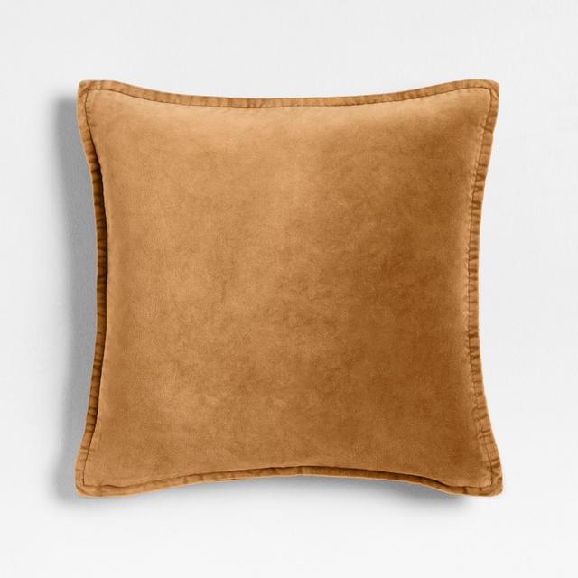 Relaxed Washed Organic Cotton Velvet 20x20 Cognac Throw Pillow with Feather Insert