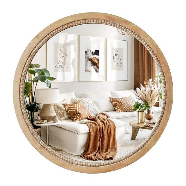 sawsile Round Decorative Mirror 28inch Circle Farmhouse Style Mirror Rustic Natural Wooden Frame Beads Mirror for Bedroom, Bathroom, Living Room or Entryway