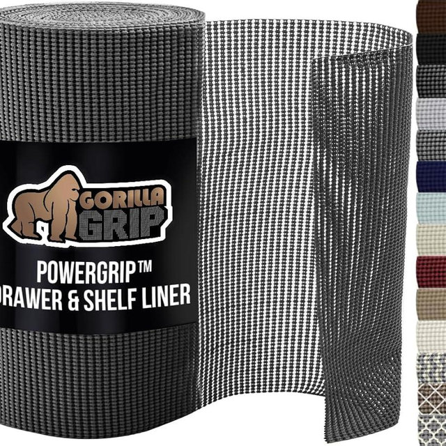 GORILLA GRIP powerGRIP Drawer Shelf and Cabinet Liner, Thick Strong Hold, Non-Adhesive Liners Protect Kitchen Cabinets and Cupboard, Bathroom Drawers, Easy Install, Breathable Mat, 12" x10', Charcoal