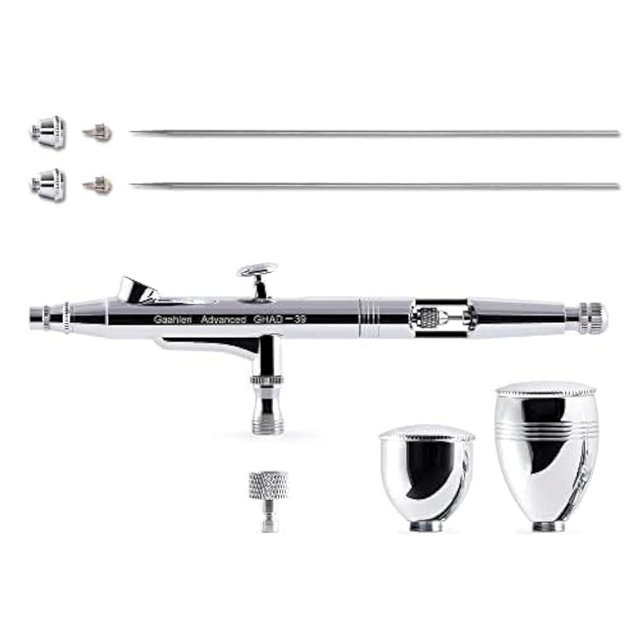 Gaahleri Airbrush Kit, Airbrush Gun Dual-Action Gravity 1/2 & 1/4 oz Fluid Cup, 0.35 & 0.5 mm Needle, Cost-Effective Air Brush Set Makeup Nail Art Painting Model Coloring Cake Decor Silver
