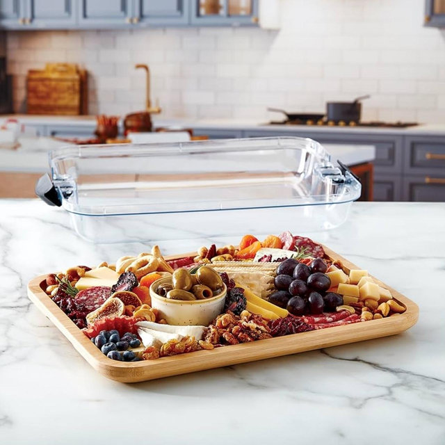 FARBERWARE Build-A-Board Bamboo Cutting Board with Clear Locking Lid and Black Handles, Perfect for Charcuterie, Snacks, and More, Single Compartment
