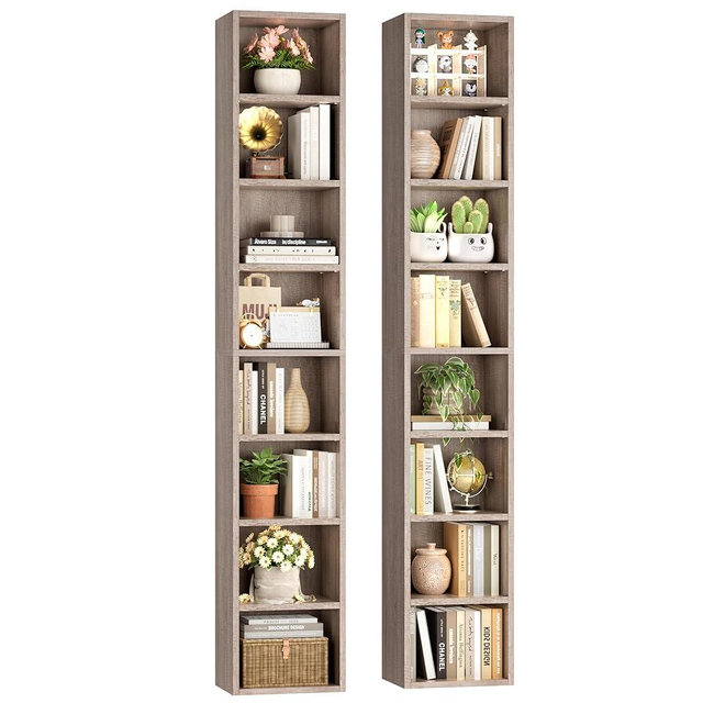 FOTOSOK 2 Pcs 71'' Tall Narrow Bookshelf, 8-Tier Media Tower Rack Set of 2, CD DVD Storage Cabinet with Adjustable Shelves, Tall Narrow Bookcase Skinny Display Bookshelf Slim Shelf, Oak