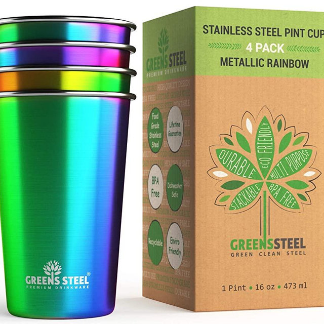 Stainless Steel Cups 16 oz Pint Tumbler (4 Pack) - Premium Metal Drinking Glasses | Stackable Durable Cup (16 oz Rainbow)