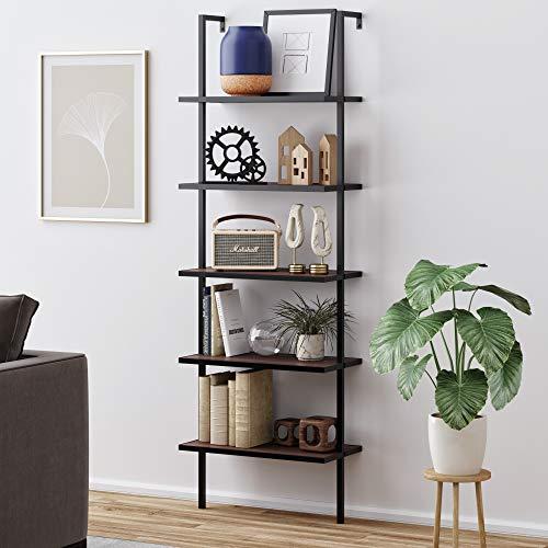 Nathan James Theo 5-Shelf Wood Ladder Bookcase with Metal Frame, Walnut Brown/Black