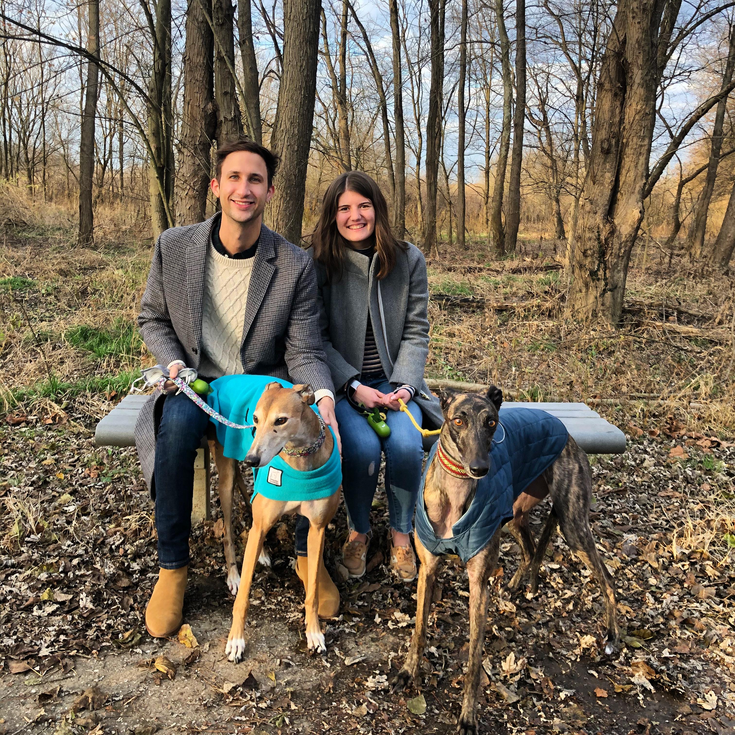 Family Christmas picture with Stella and Zola