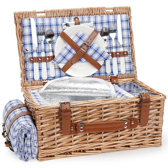 Wicker Picnic Basket Set for 2 Persons with Waterproof Picnic Blanket and Large Insulated Cooler Compartment, Willow Picnic Hamper Basket with Cutlery Service Kits for Camping, Wedding (Red)