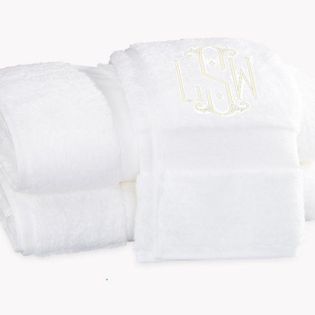 Matouk Lotus White Bath Mat with White Embroidered Monogram