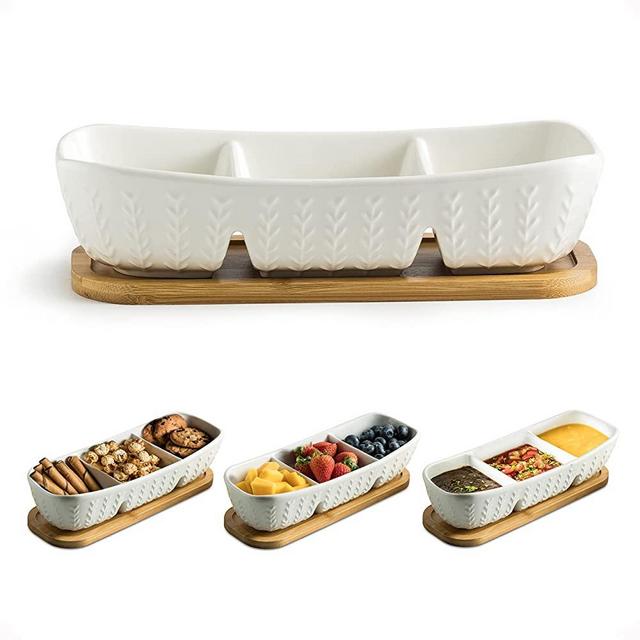 3-Compartment Condiment Set Ceramic Dipping Bowls, Sauce Dip Bowls 3 Piece with Wood Serving Tray Perfect for Snack Appetizer, Charcuterie, Food, 10-inches Christmas Serving Trays and Platters