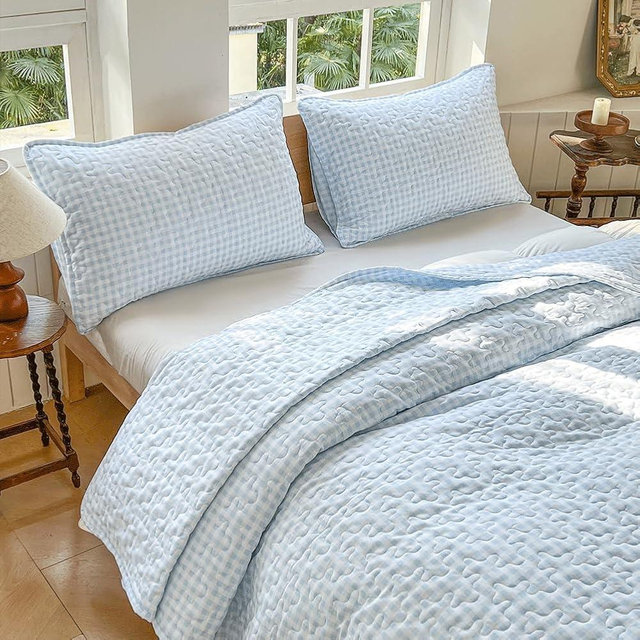 NSNLGSGC Light Blue Gingham King Quilt Set, Soft Pre-Washed Microfiber Blue Plaid King Bedspread, Lightweight Checked Summer Quilt, Grid Bedding Coverlets for All Seasons