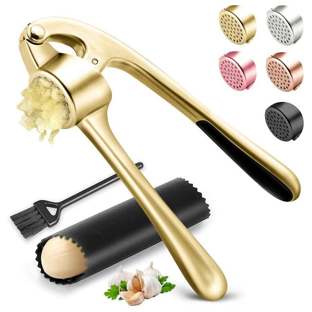 Kitchen Garlic Press, Rust Proof & Dishwasher Safe Garlic Mincer, Durable Garlic Crusher Set with Peeler＆Brush, Easy to Clean and Squeeze, Gold