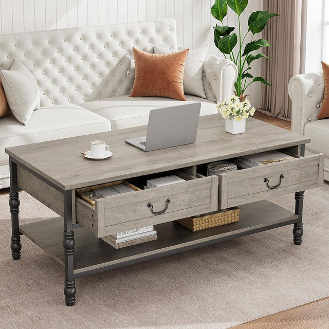 IDEALHOUSE Coffee Table with Drawers 41" Large Center Table with Storage Rectangular Cocktail Table Mid Century Wooden Coffee Tables Retro Living Room Table Vintage Tea Table, Grey