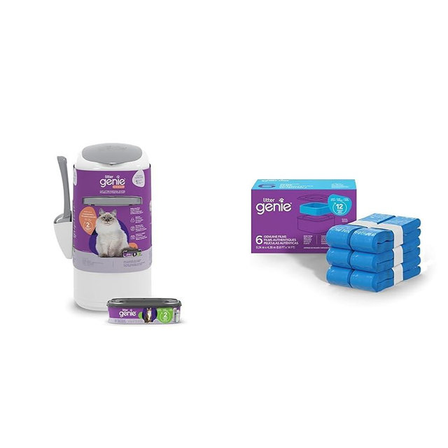 Litter Genie Style Pail | Cat Litter Waste Disposal System for Odor Control | Includes 1 Square Refill Cartridge + Genuine Film (6-Pack) | Ultimate Odor Control Cat Litter Bags