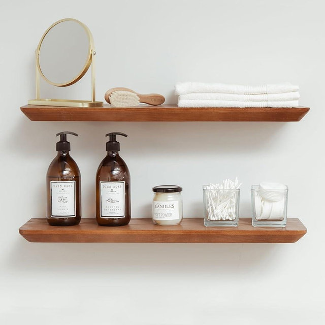 Floating Shelves for Wall - Solid Pine Wood Wall Shelf - Bathroom Shelves - Wall Shelves for Bedroom Living Room - Floating Shelf for Wall Mounted Shelves -24x6.7x1.2 inch- Set of 2 (Walnut Color)