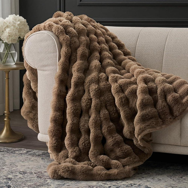 EverGrace Ultra Soft Luxury Fluffy Faux Rabbit Fur Throw Blanket, Thick Warm Bubble Throw for Bed, Cozy Plush Reversible Blankets for Couch, Chair, Sofa, Natural Tan, 50x60 Inches