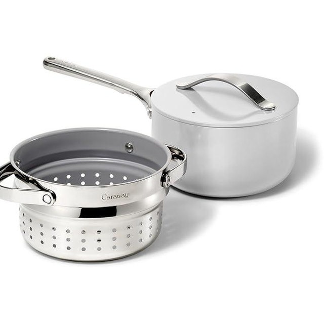 Caraway Nonstick 3 Qt Ceramic Sauce Pan with Lid & Steamer - Non Toxic, PTFE & PFOA Free - Oven Safe & Compatible with All Stovetops (Gas, Electric & Induction) - Gray