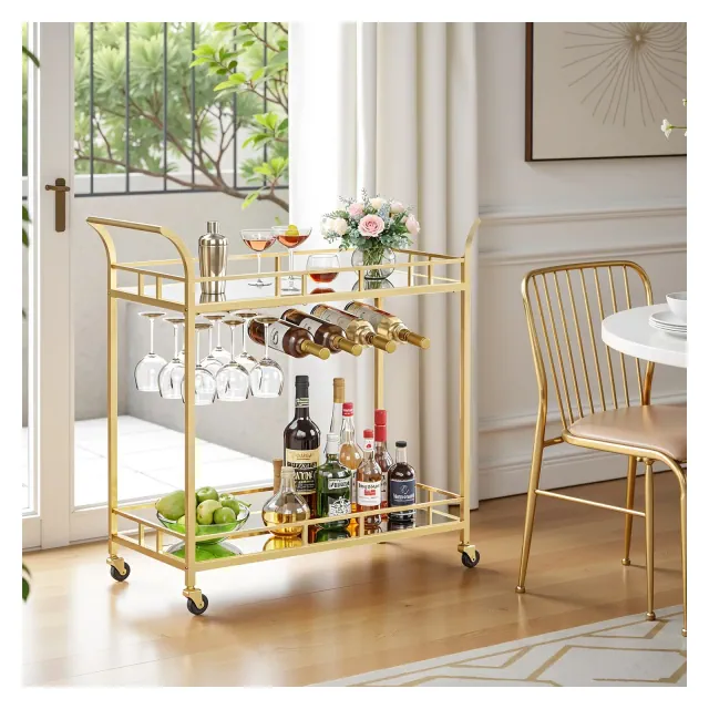 Bar Cart , Home Bar Serving Cart, Wine Cart With 2 Mirrored Shelves, Wine Holders, Glass Holders, For Kitchen, Dining Room