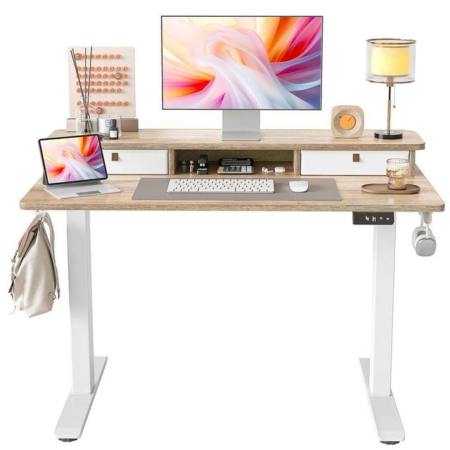 TIQLAB 48 * 24 Inch Standing Desk with Two Drawers, Stand Up Standing Desk Adjustable Height, Electric Sit Stand Table with Storage Shelf and Splice Board, Maple