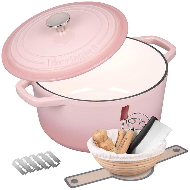 VORRINGARD Enameled Cast Iron Dutch Oven Pot with Lid, for Bread Baking, Round Bread Oven- include Sourdough Bread Baking Supplies Set, 6QT, Pink